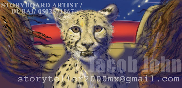 mc donalds storyboard panel 1,this storyboard panel shows CU of cheetah, he smiles in anticipation and ..