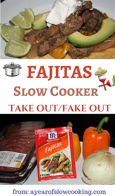 Fajitas in the crockpot slow cooker couldn't be any easier. There's no need to brown the meat and onion beforehand -- just throw it all in the pot. You can use a packet or there's a homemade fajita seasoning mix recipe included here.