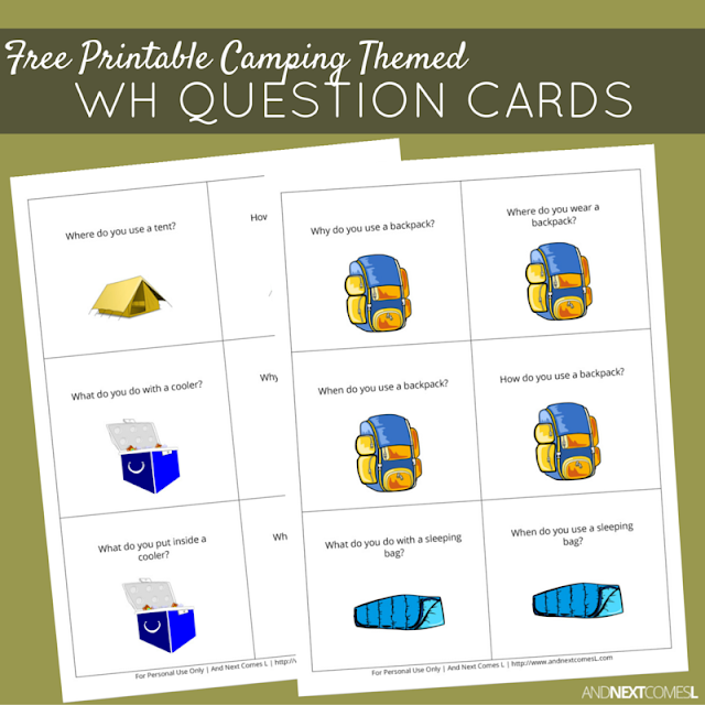 Free printable camping themed WH question cards for kids to work on speech and language skills from And Next Comes L