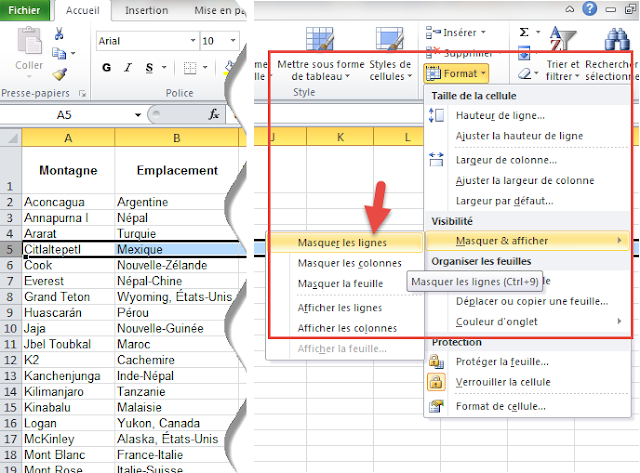 Masquer une ligne Excel - Format