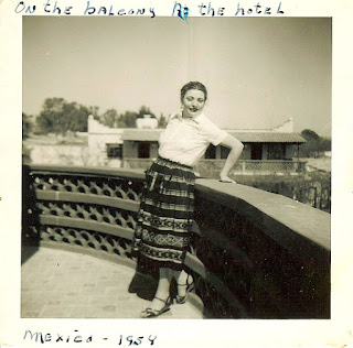 My mother, Joan Huesca, on the balcony of my parents' hotel, Tequisquiapan, Querétaro, Mexico, December 1954.