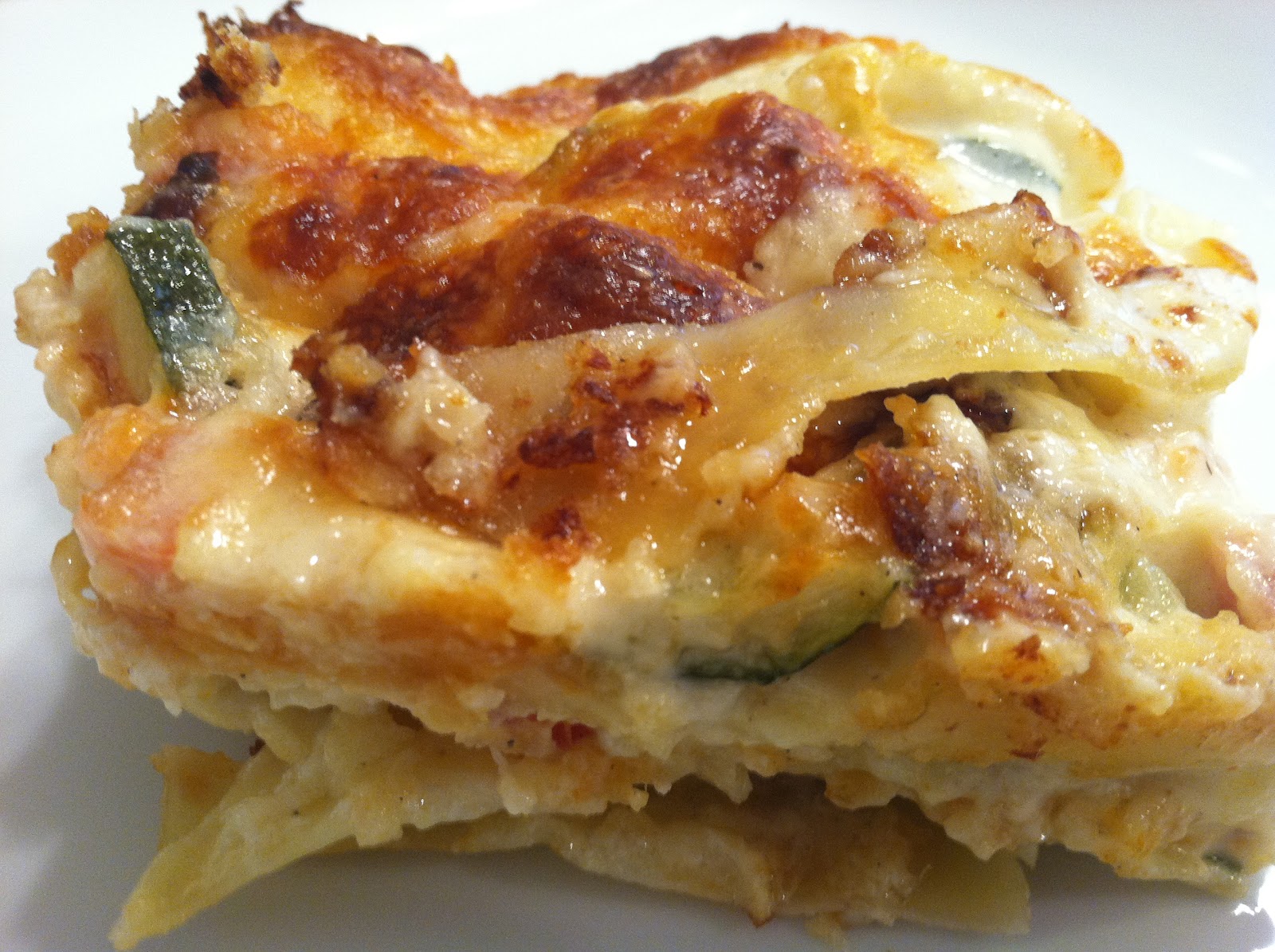 Aunt B's Favorites Chicken, Ham, Tomato and Zucchini Alfredo Lasagna