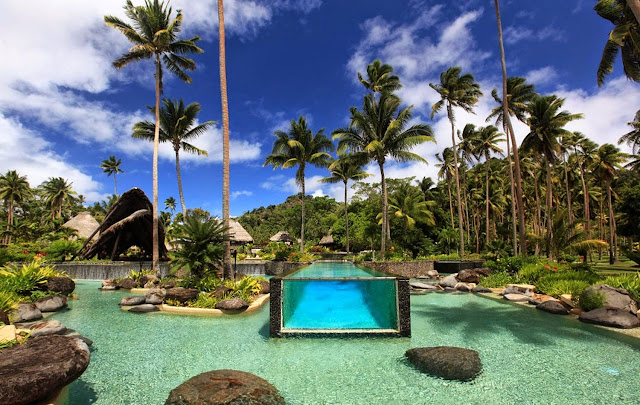 piscina de vidrio y palmeras a orillas del mar