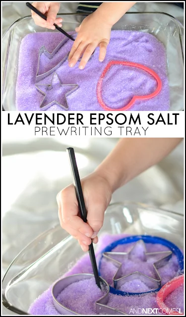 Calming lavender prewriting sensory activity and fine motor play for kids using epsom salt and cookie cutters from And Next Comes L