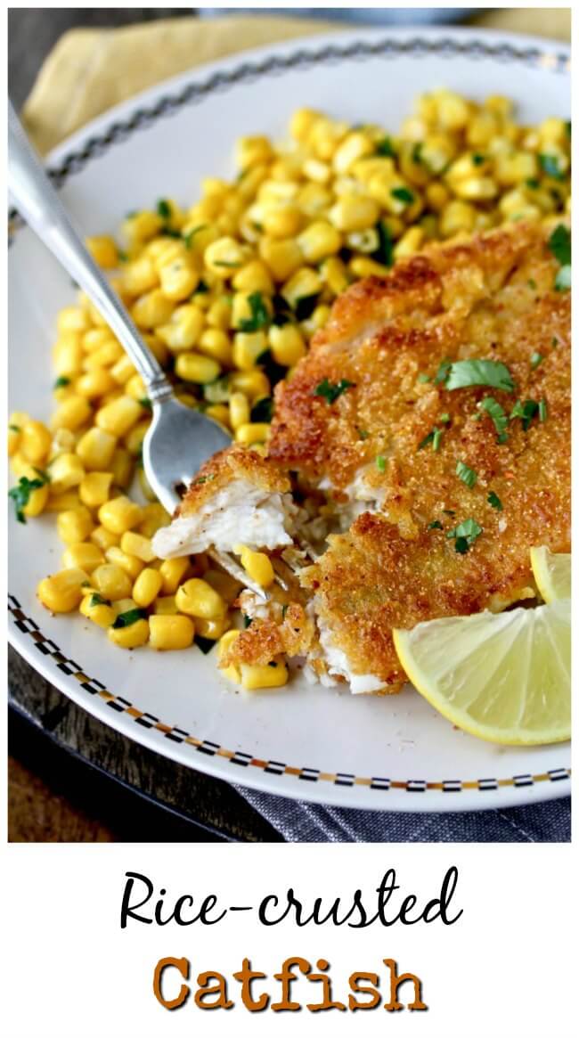 Rice Crusted Catfish with cilantro lime corn #catfish #seafood Rice Crusted Catfish with cilantro lime corn #catfish #seafood
