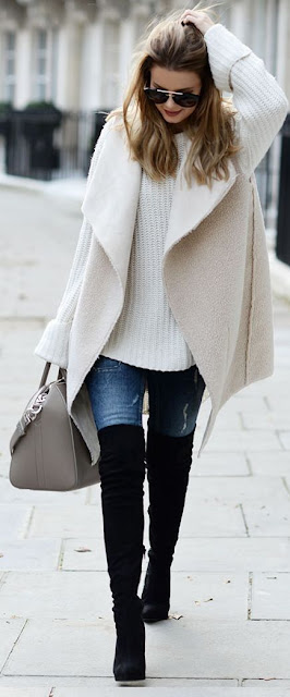 Fall fashion | Denim, over the knee boots, cozy sweater and neutral ...