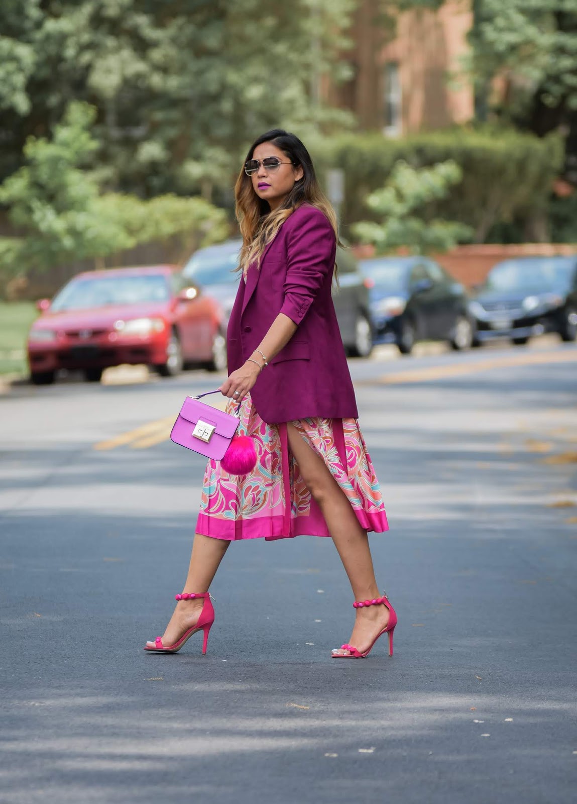 how to wear monochromatic pink, printed seperates zara outfit, pink sam edelman sandals, strappy heels, street style, pink blazer look.,office workwesr, brights, ray ban sunglasses, slit skirt, aldo pink pom pom boag, purple, myriad musings how to wear monochromatic pink, printed seperates zara outfit, pink sam edelman sandals, strappy heels, street style, pink blazer look.,office workwesr, brights, ray ban sunglasses, slit skirt, aldo pink pom pom boag, purple, myriad musings