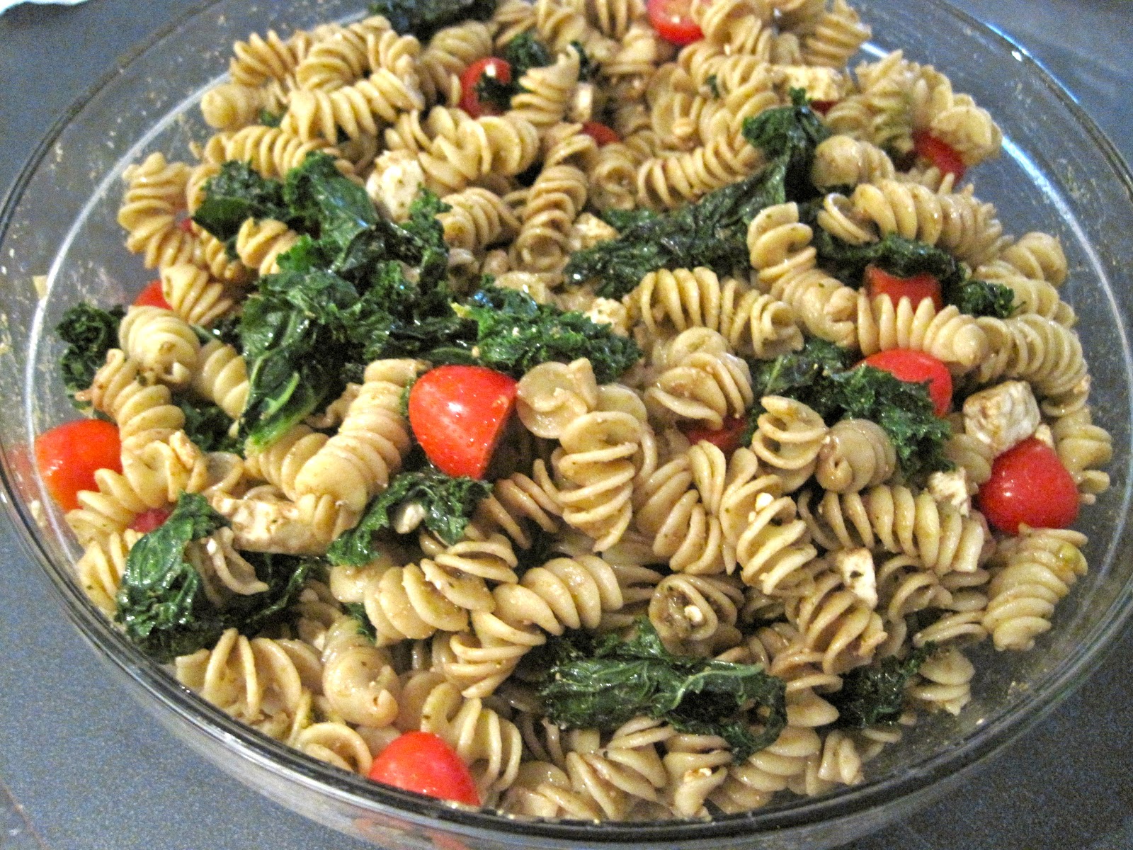 Kristen's Kitchen Whole Wheat Pasta Salad with Fried Kale, Tomatoes, Feta, and Pesto Vinaigrette