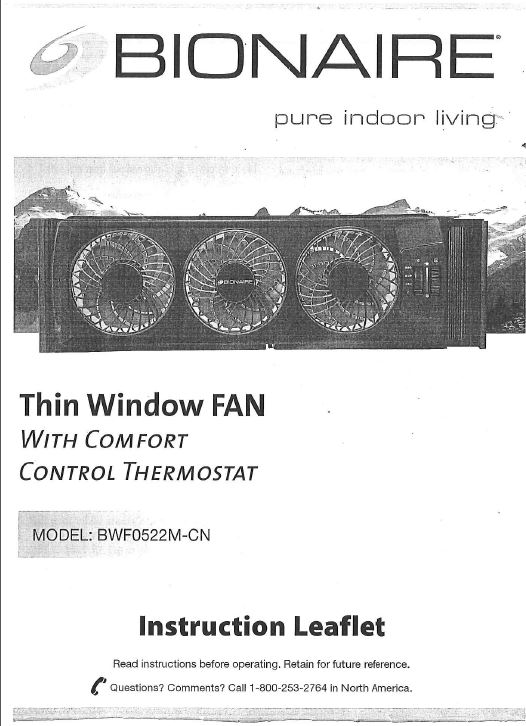 Find Your Manuals Here...: Bionaire Thin Window Fan