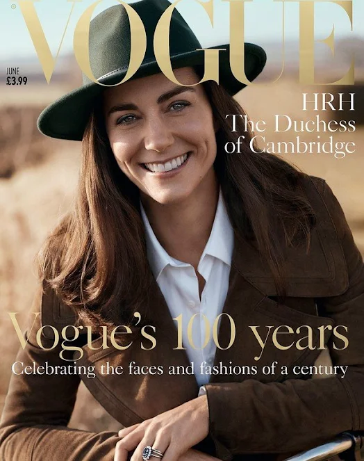 Kate Middleton on the cover of British magazine Vogue. Kate Middleton wore Petit Bateau Striped T-shirt and Burberry jacket and shirt