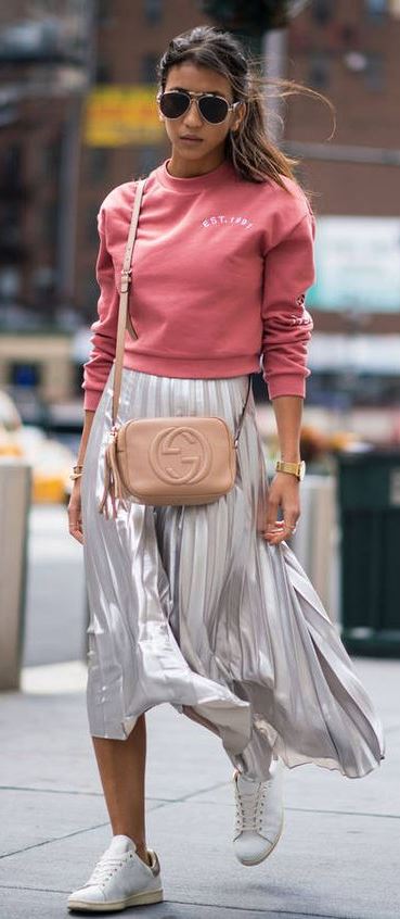 how to style a silver midi skirt : nude bag + sneakers + sweatshirt