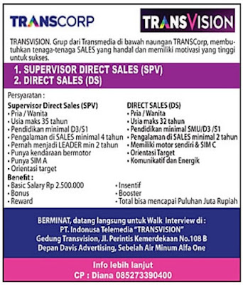 Loker TRANSCORP PT. Indonusa Telemedia "TRANSVISION" Palembang