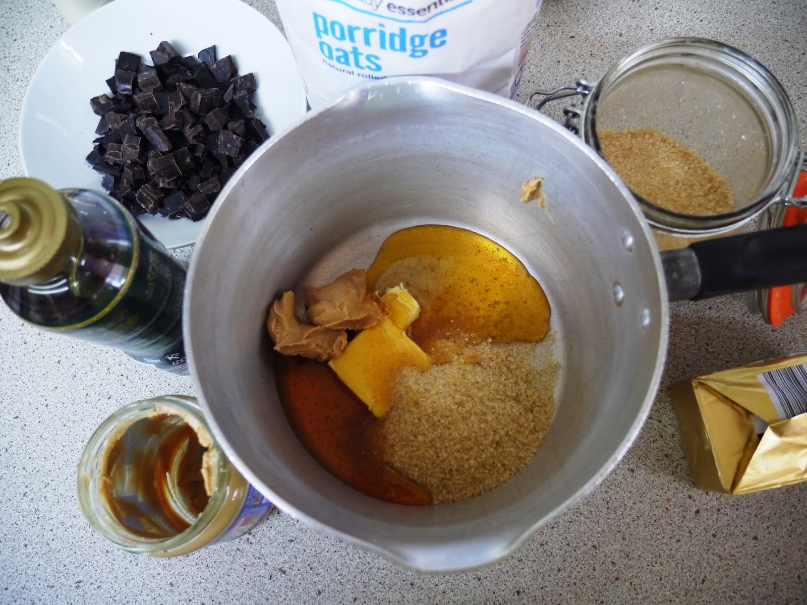 This Muslim Girl Bakes Dark Chocolate + Peanut Butter Flapjacks.