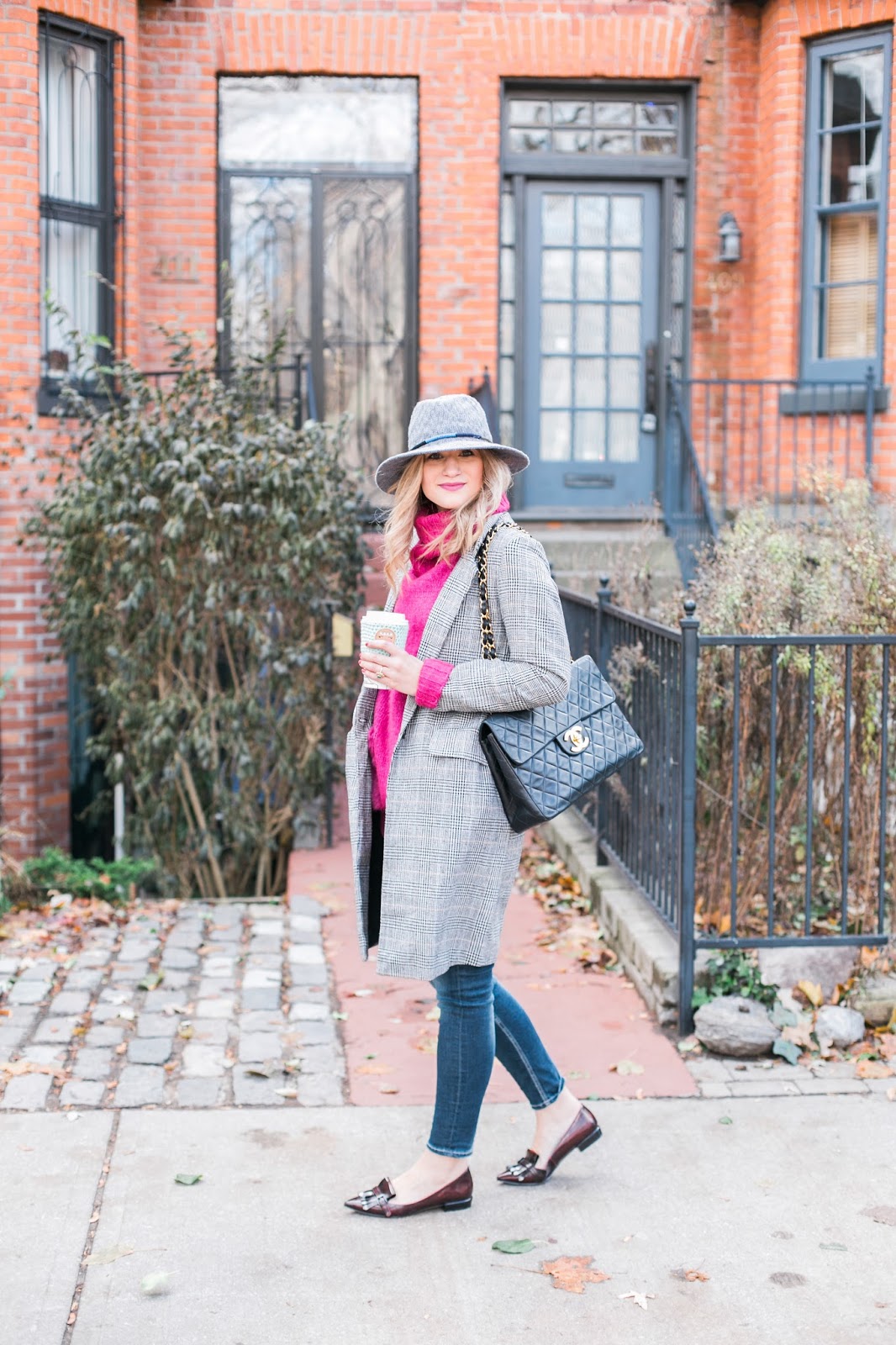Bijuleni | How To Dress Like a French Girl - Hat, SheIN longline blazer, Vintage Chanel Handbag, Nine West maroon flats, Silver Jeans skinny jeans and Zara pink sweater. 