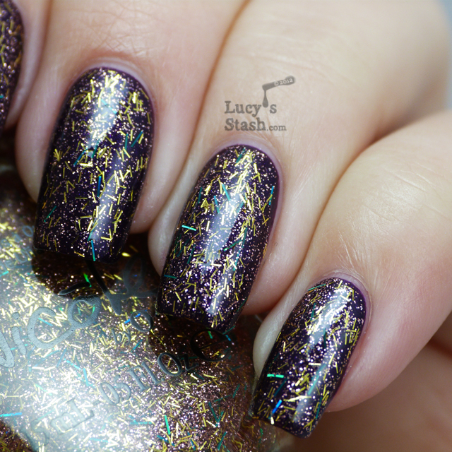 Lucy's Stash -  Nicole by OPI A Gold Winter's Night layered over Here We Kome A-Karoling 