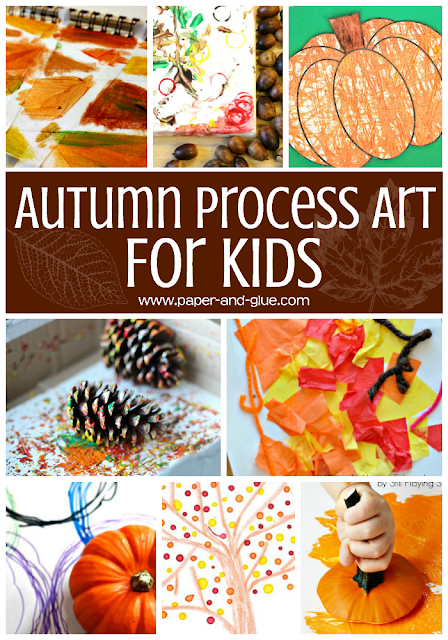 Fall Process Art For Kids.  Great ideas for autumn painting, drawing, collage, and stamping.  Choices for toddlers, preschool, kindergarten, and elementary kids.