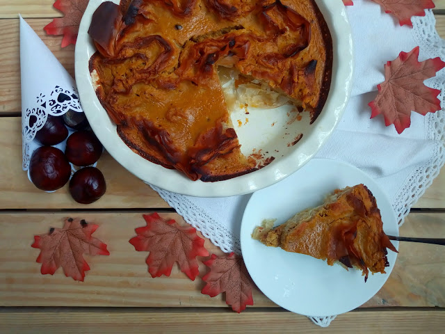 Pumpkin spice ruffled milk pie. Tarta de calabaza especiada y masa filo. Canela, especias, postre, merienda, fácil, rápido, otoño, con horno. Cuca