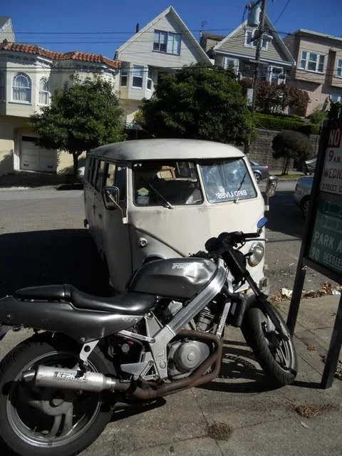 VW bus and motorcycle