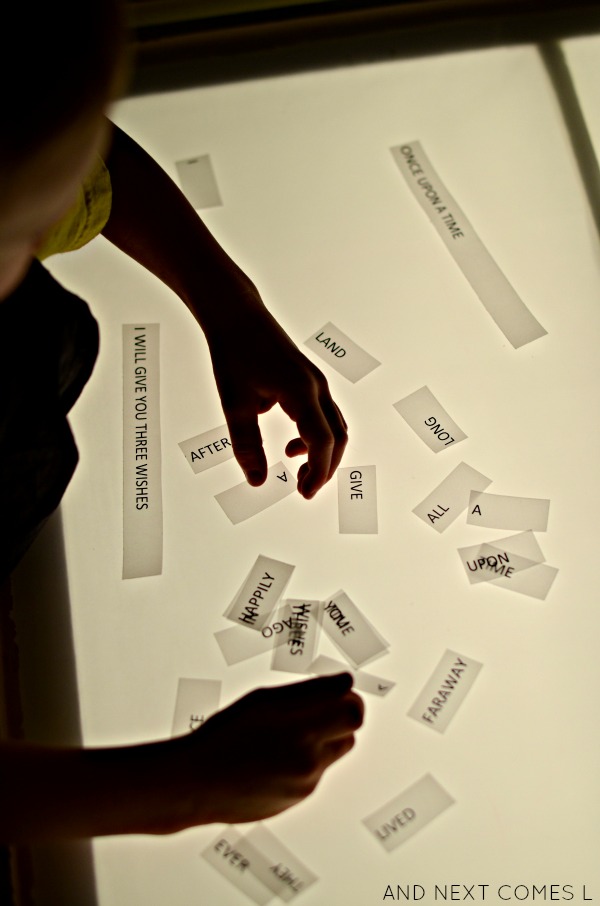 Building common fairy tale sentences on the light table from And Next Comes L