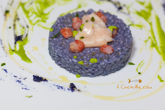 risotto con cavolo viola, petali di capesante e gamberi rossi