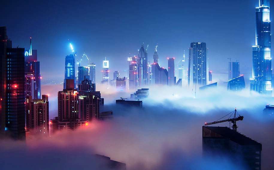 Travel Trip Journey A blaze with light Dubai in fog