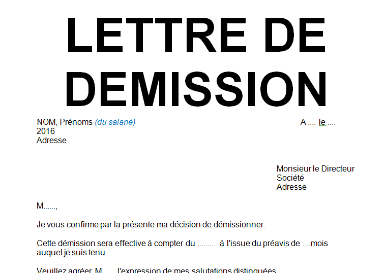 Modèle lettre de démission avec préavis en word doc