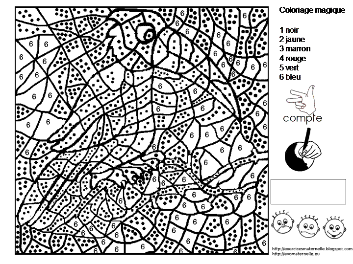 Maternelle: Coloriage magique : un oiseau sur la branche