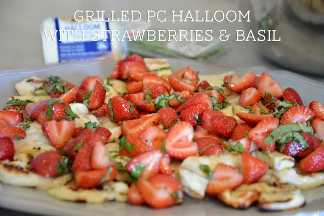 grilled pc halloom with strawberries and basil