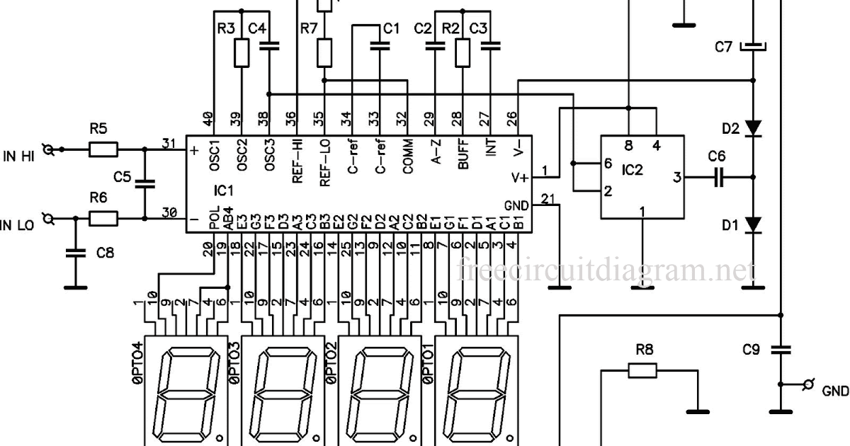 Digital LED Voltmeter Using ICL7107 - The Circuit circuit diagram of 7 segment digital clock 