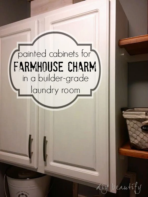 Adding farmhouse charm to laundry room with painted cabinet and shelves DIY beautify