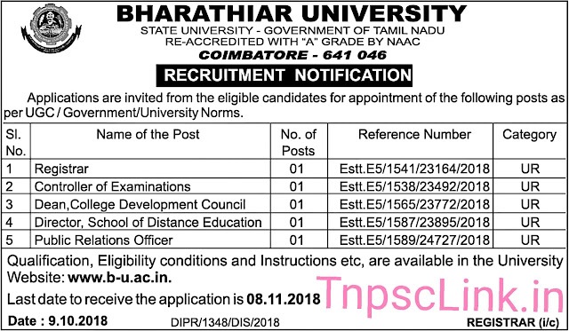 Bharathiyar University Coimbatore Recruitment Notification 14.10.2018
