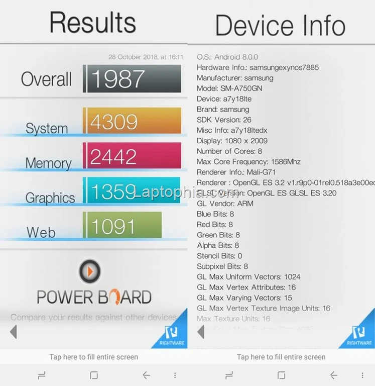 Benchmark Basemark OS II Samsung Galaxy A7 2018