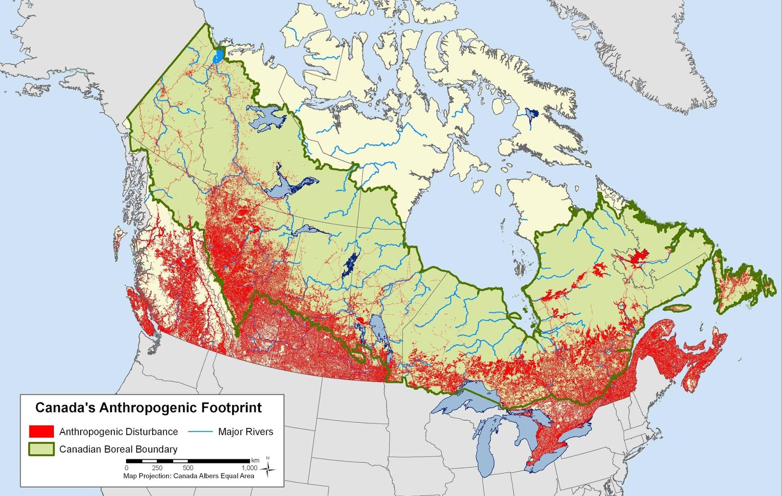 Canada's anthropogenic footprint (everything from roads to reservoirs)