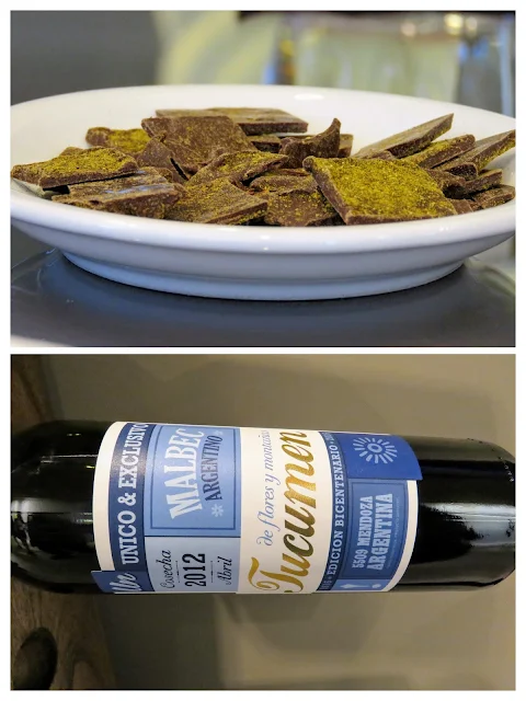 Chocolate dusted in curry powder and a bottle of wine from Bodega Budeguer near Mendoza Argentina