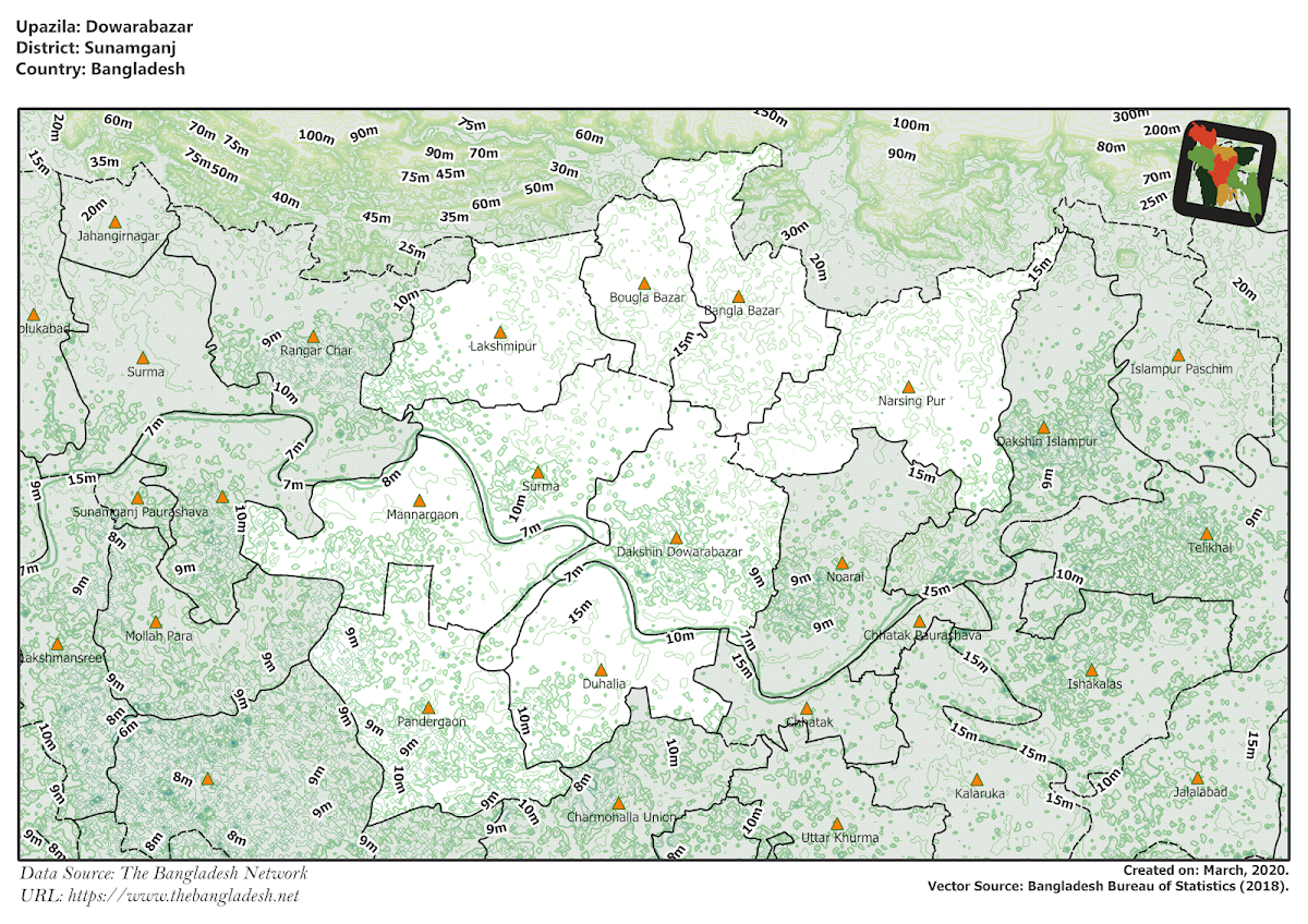 Dowarabazar Upazila Elevation Map Sunamganj District Bangladesh