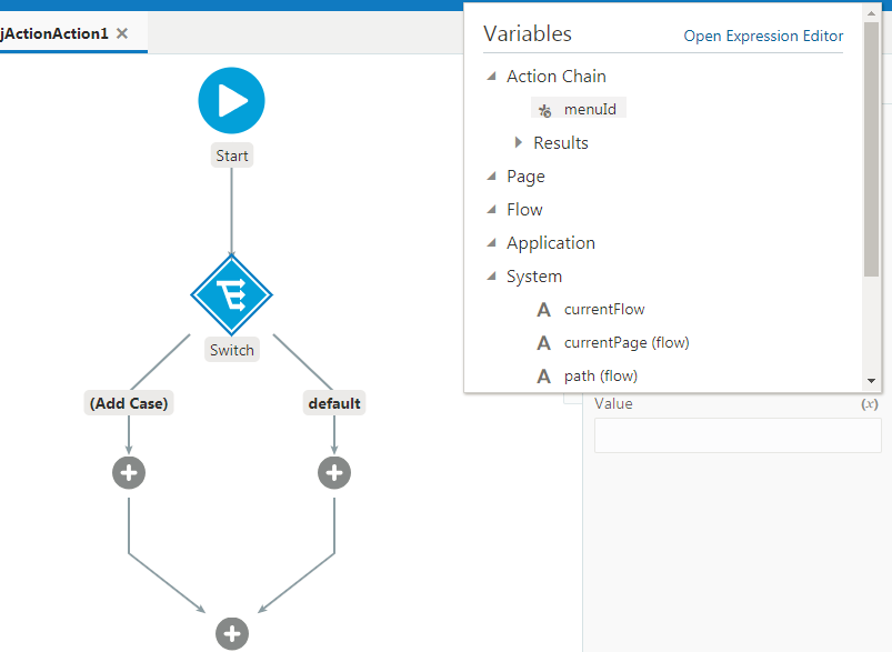 Oracle Visual Builder Cloud Service- How to use switch case in action chain