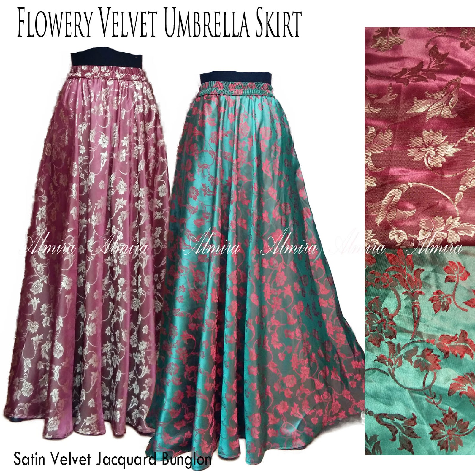  Rok Panjang Muslim Terbaru Flowery Velvet Umbrella Skirt 