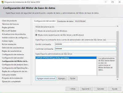 Instalación de SQL Server 2014, Configuración del motor de base de datos