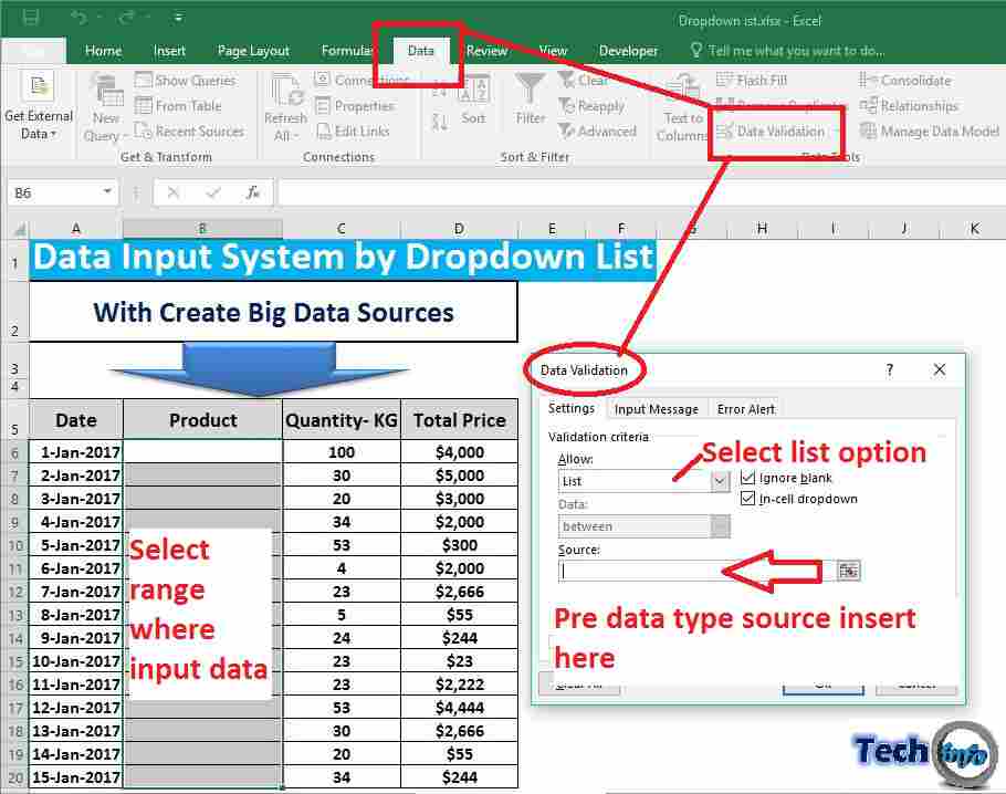 how to make a drop down list in excel from a table