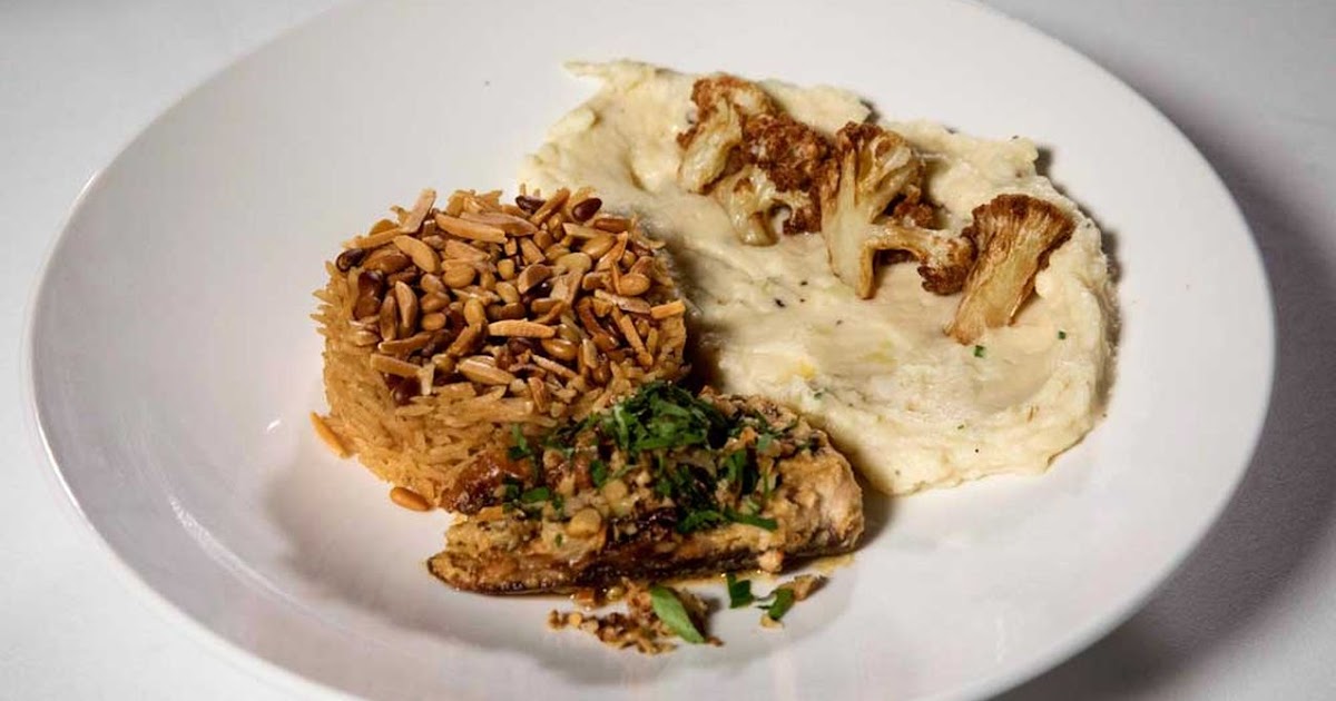 Tahini baked samka hara fish, sayidiya rice, cauliflower and potato mash with fried cauliflower