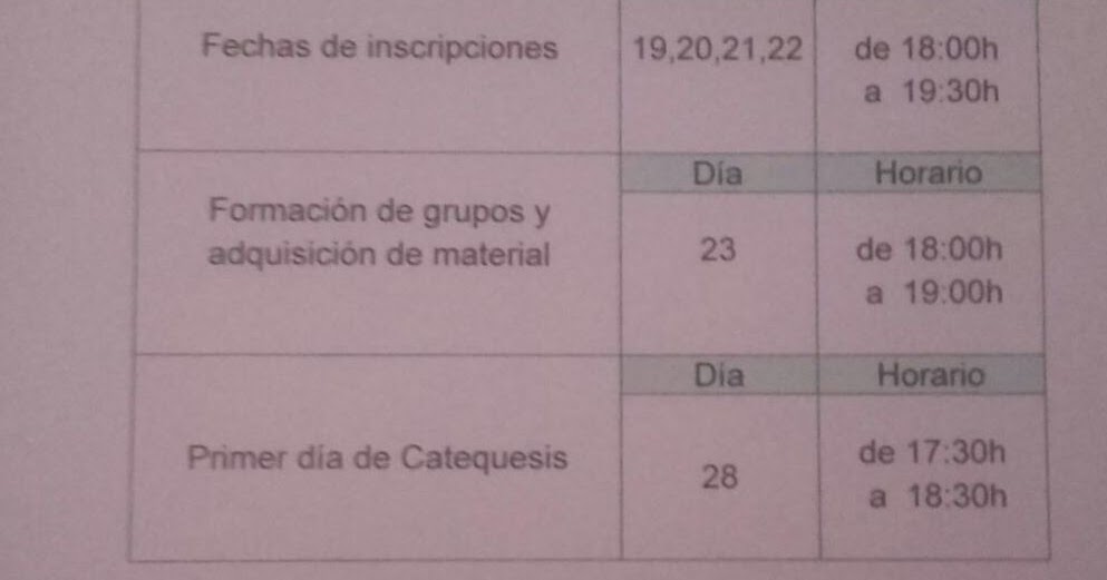 FECHAS PARA LA CATEQUESIS DE PRIMERA COMUNION