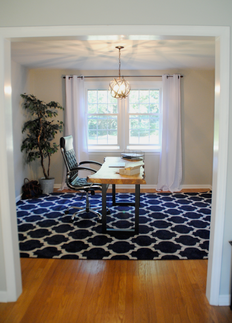 Home Office makeover from dining room, navy rug, man's home office, masculine office, industrial chic office, stylish office