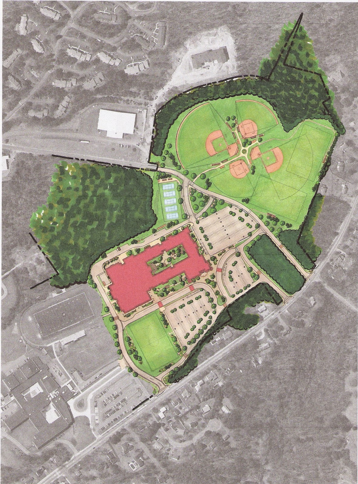 New FHS layout, green section in front left position along Oak St is where the practice fields would be that are now going to be a turf field that will be regulation sized and available for games