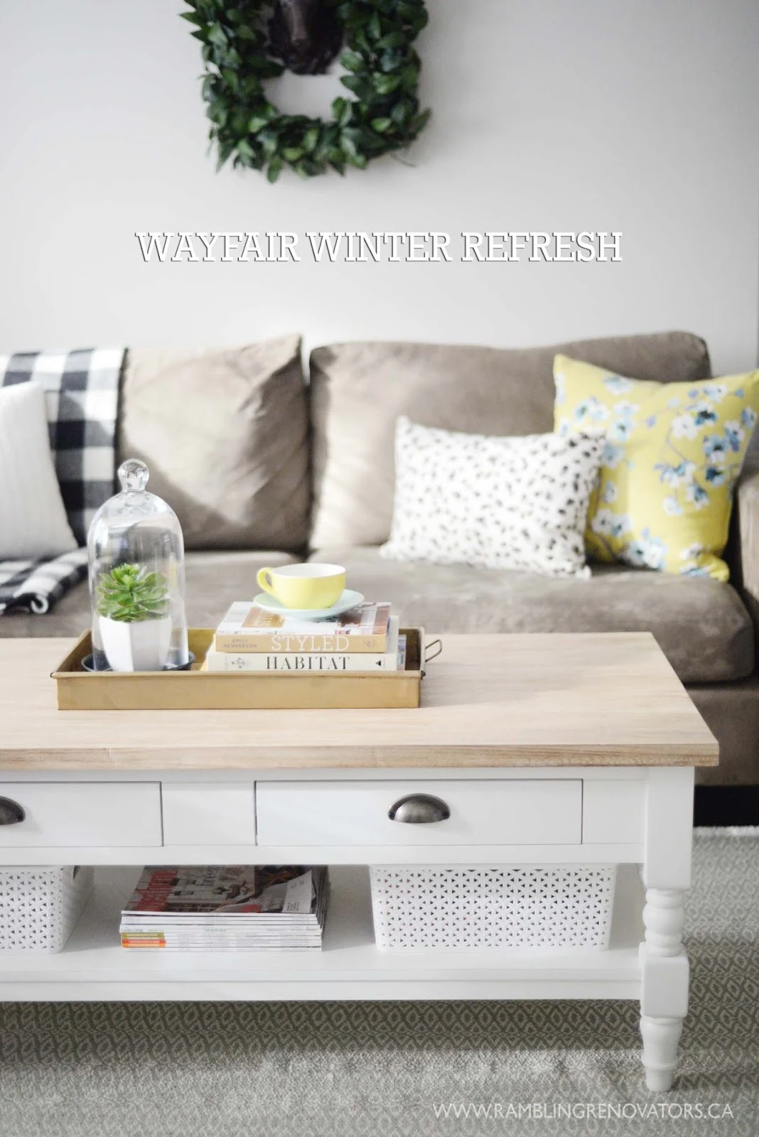 Wayfair Winter Refresh | natural wood and white painted coffee table | yellow teal white | RamblingRenovators.ca