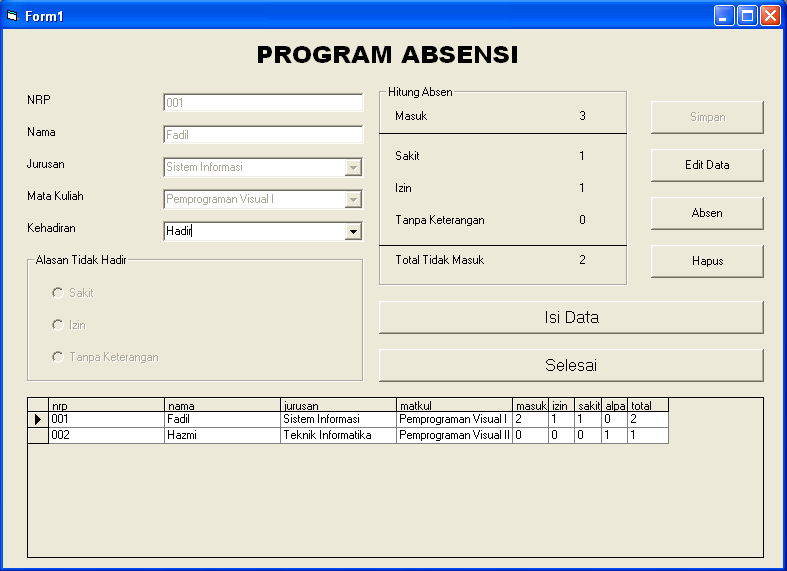 Contoh Program Absensi Sederhana Menggunakan Visual Basic 6.0