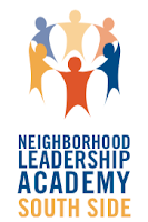 South Side Neighborhood Leadership Academy logo: cartoon people holding hands in a circle