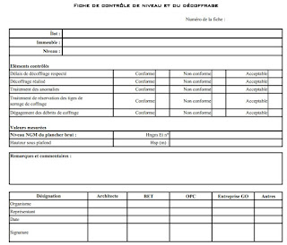 Décoffrage réalisé  Délais de décoffrage respecté  Traitement des anomalies  Traitement de réservation des tiges de serrage de coffrage  Niveau NGM du plancher brut Hauteur sous plafond Hsp (m) Dégagement des débrits de coffrage