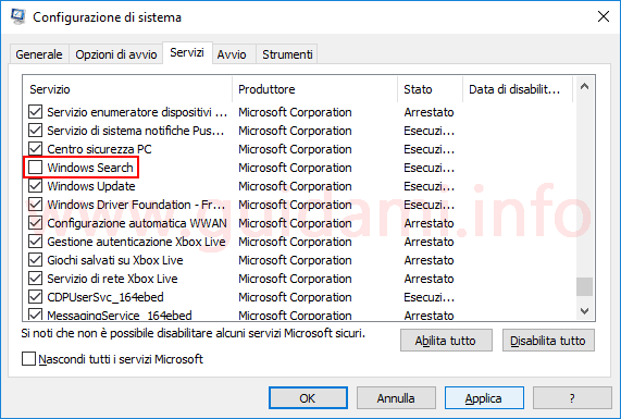 Windows 10 Configurazione di sistema servizio Windows Search
