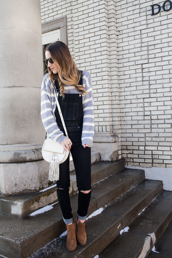 Pair a turtleneck with overalls for a cozy winter look.