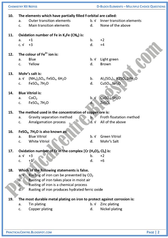 d-block-elements-mcqs-chemistry-12th